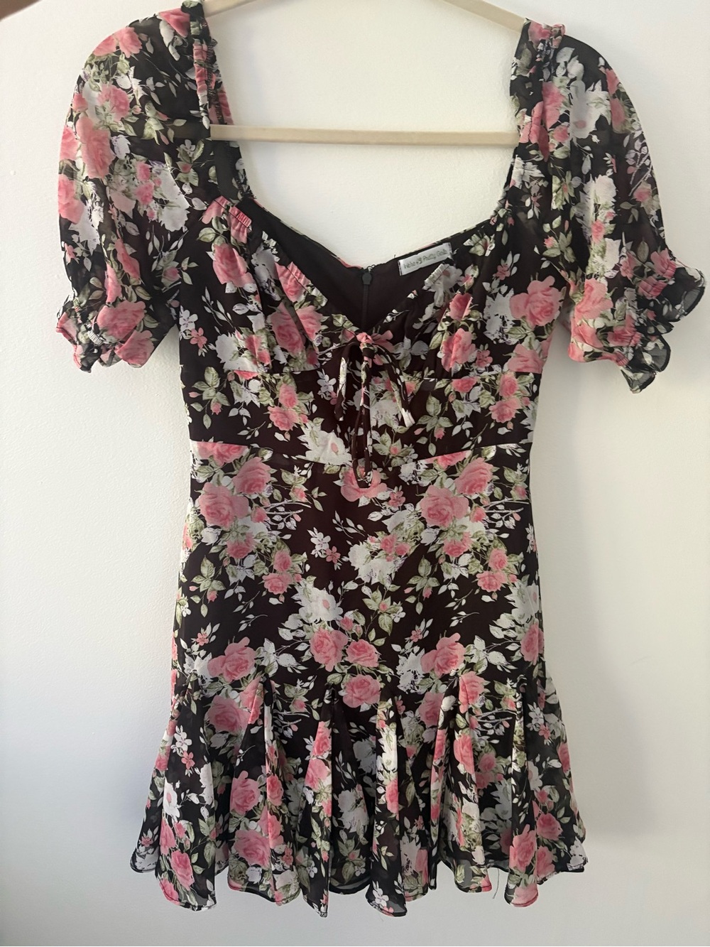 Black Floral Puff-Sleeve Mini Dress with Pink Roses